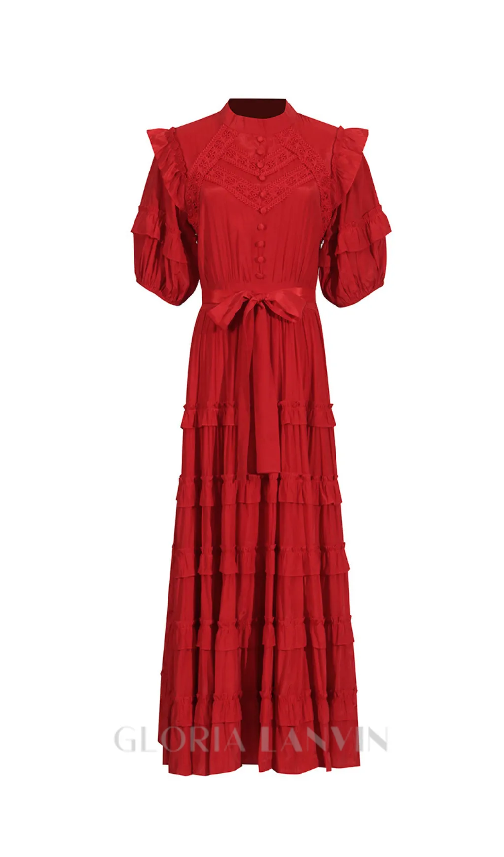 Lace ruffle trim layer midi dress in red Gloria Lanvin