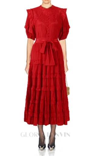 Lace ruffle trim layer midi dress in red Gloria Lanvin
