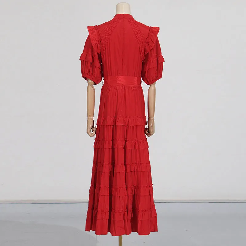 Lace ruffle trim layer midi dress in red Gloria Lanvin