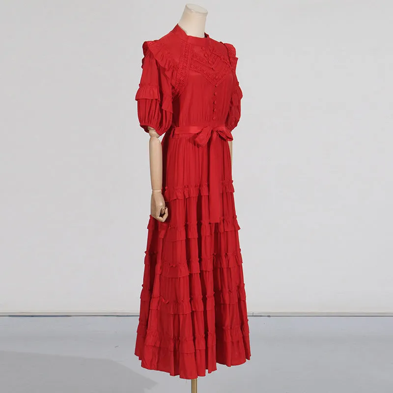 Lace ruffle trim layer midi dress in red Gloria Lanvin