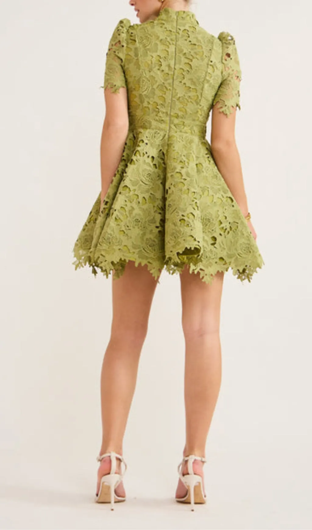 LACE SHORT SLEEVE MINI DRESS IN OLIVE Gloria Lanvin