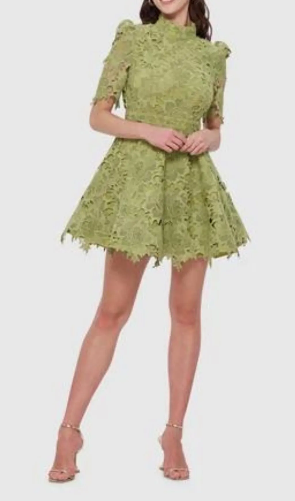 LACE SHORT SLEEVE MINI DRESS IN OLIVE Gloria Lanvin