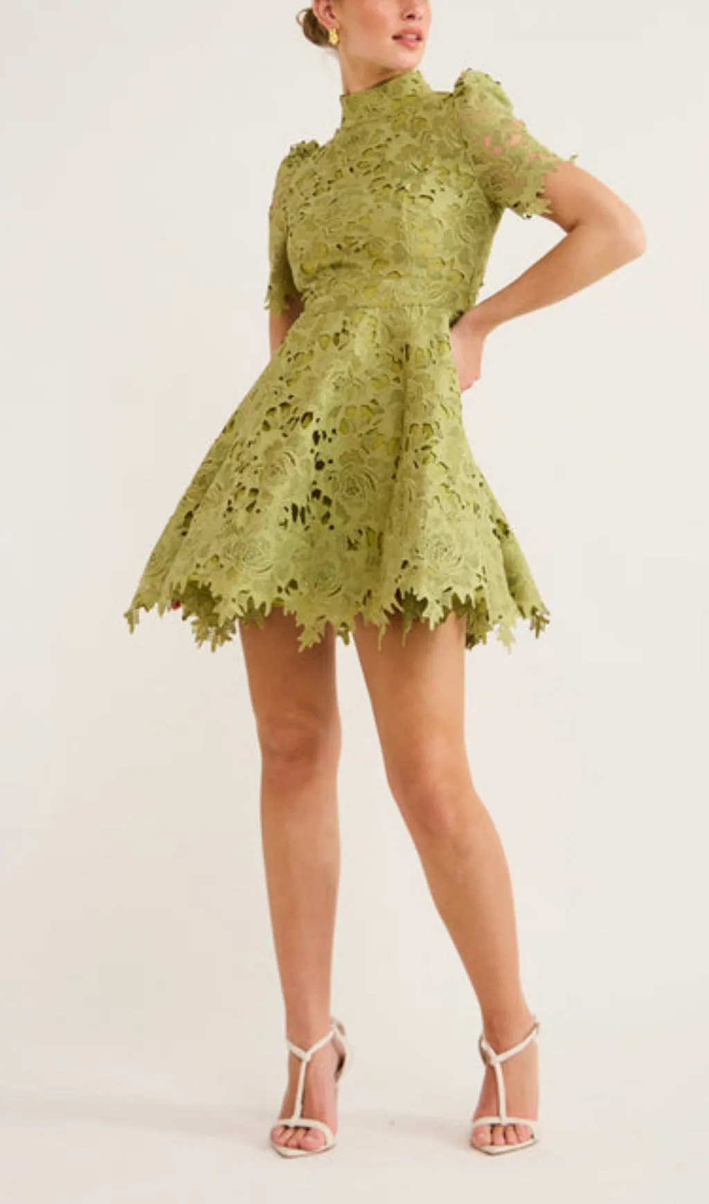 LACE SHORT SLEEVE MINI DRESS IN OLIVE Gloria Lanvin