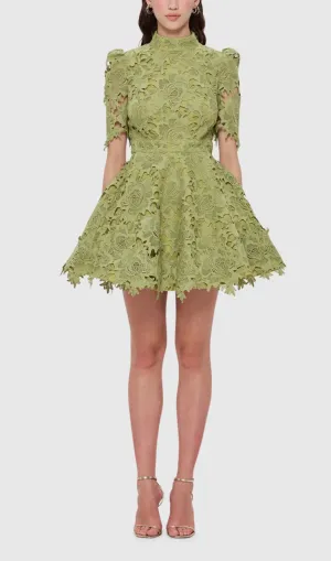 LACE SHORT SLEEVE MINI DRESS IN OLIVE Gloria Lanvin