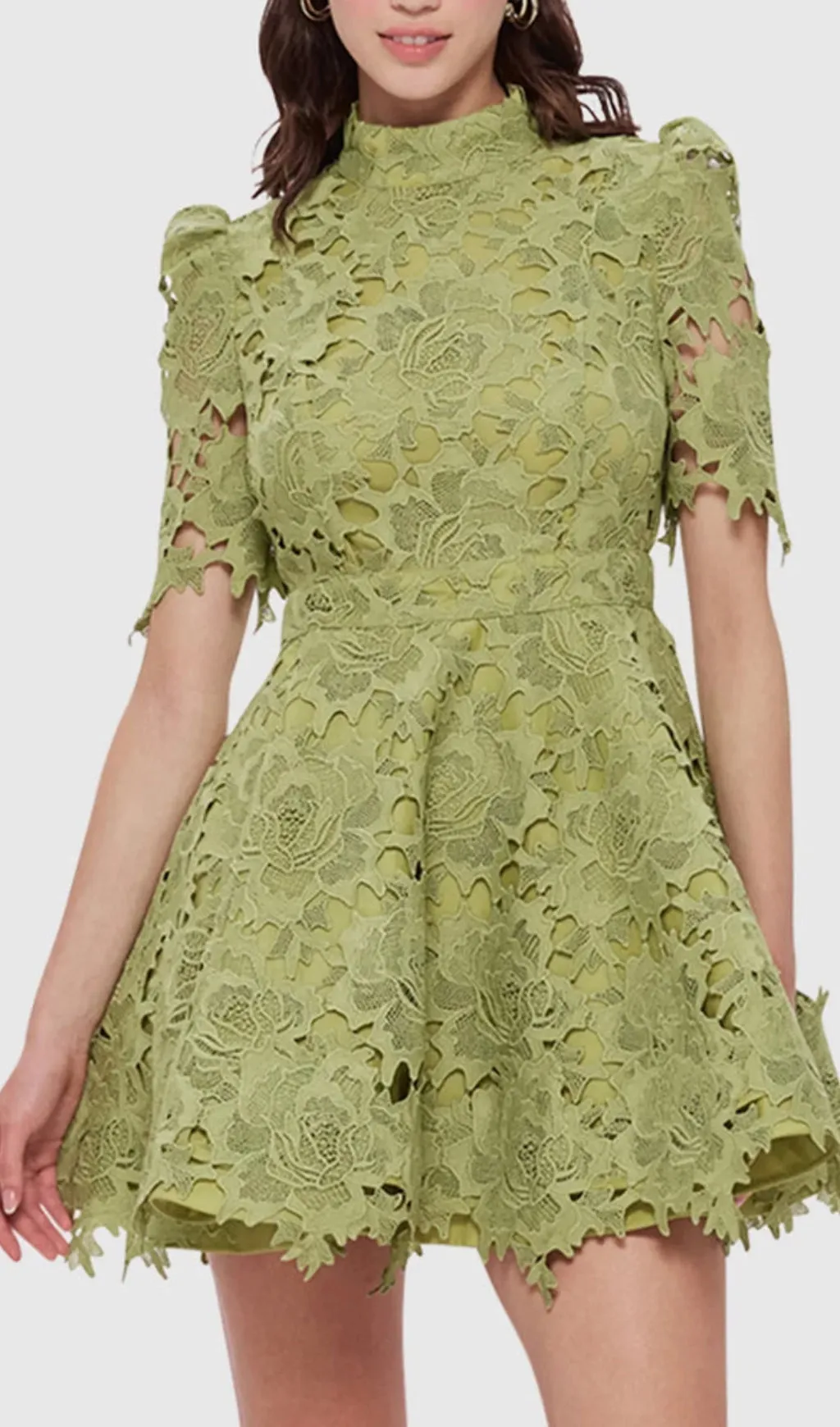 LACE SHORT SLEEVE MINI DRESS IN OLIVE Gloria Lanvin
