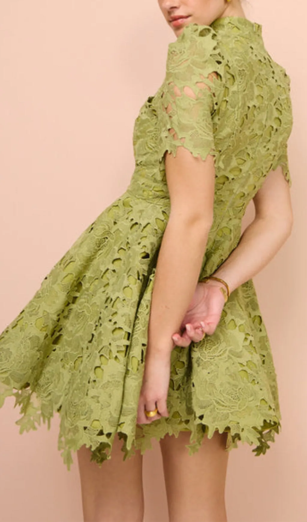 LACE SHORT SLEEVE MINI DRESS IN OLIVE Gloria Lanvin