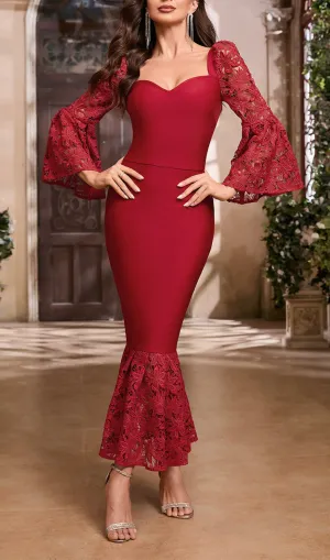 LACE SLEEVE MERMAID MAXI DRESS IN RED Gloria Lanvin
