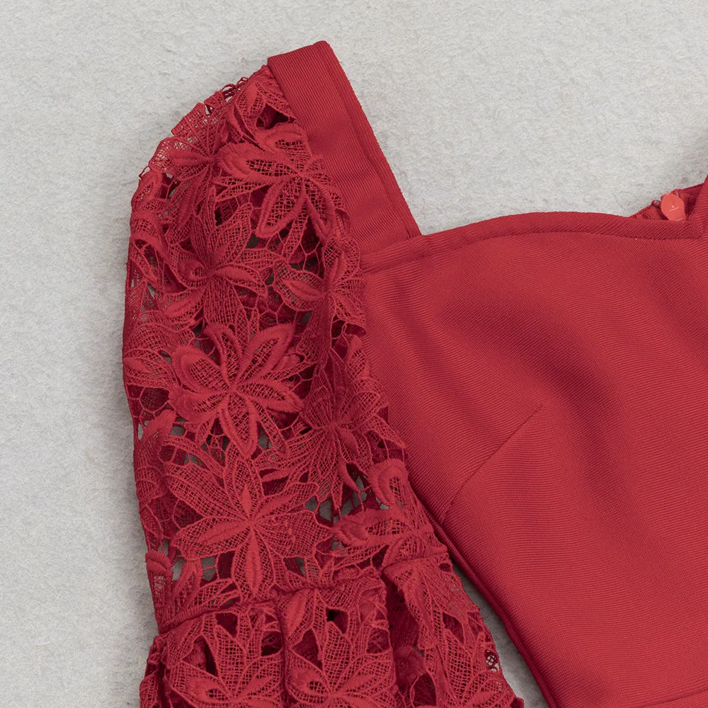 LACE SLEEVE MERMAID MAXI DRESS IN RED Gloria Lanvin