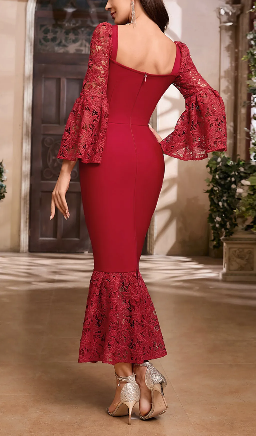 LACE SLEEVE MERMAID MAXI DRESS IN RED Gloria Lanvin