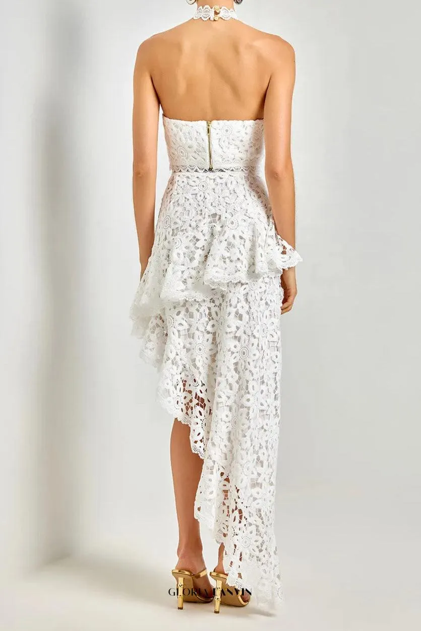 Lace sleeveless top irregular skirt set in white Gloria Lanvin