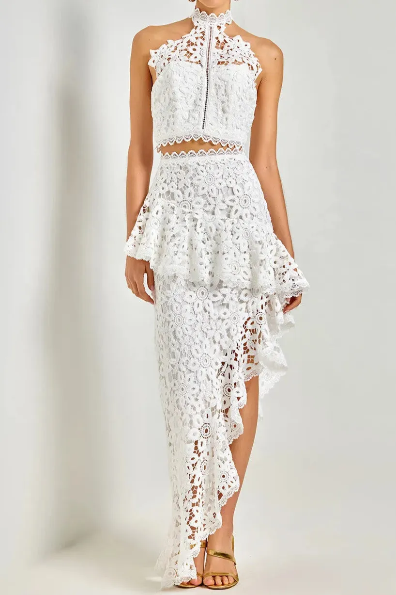 Lace sleeveless top irregular skirt set in white Gloria Lanvin