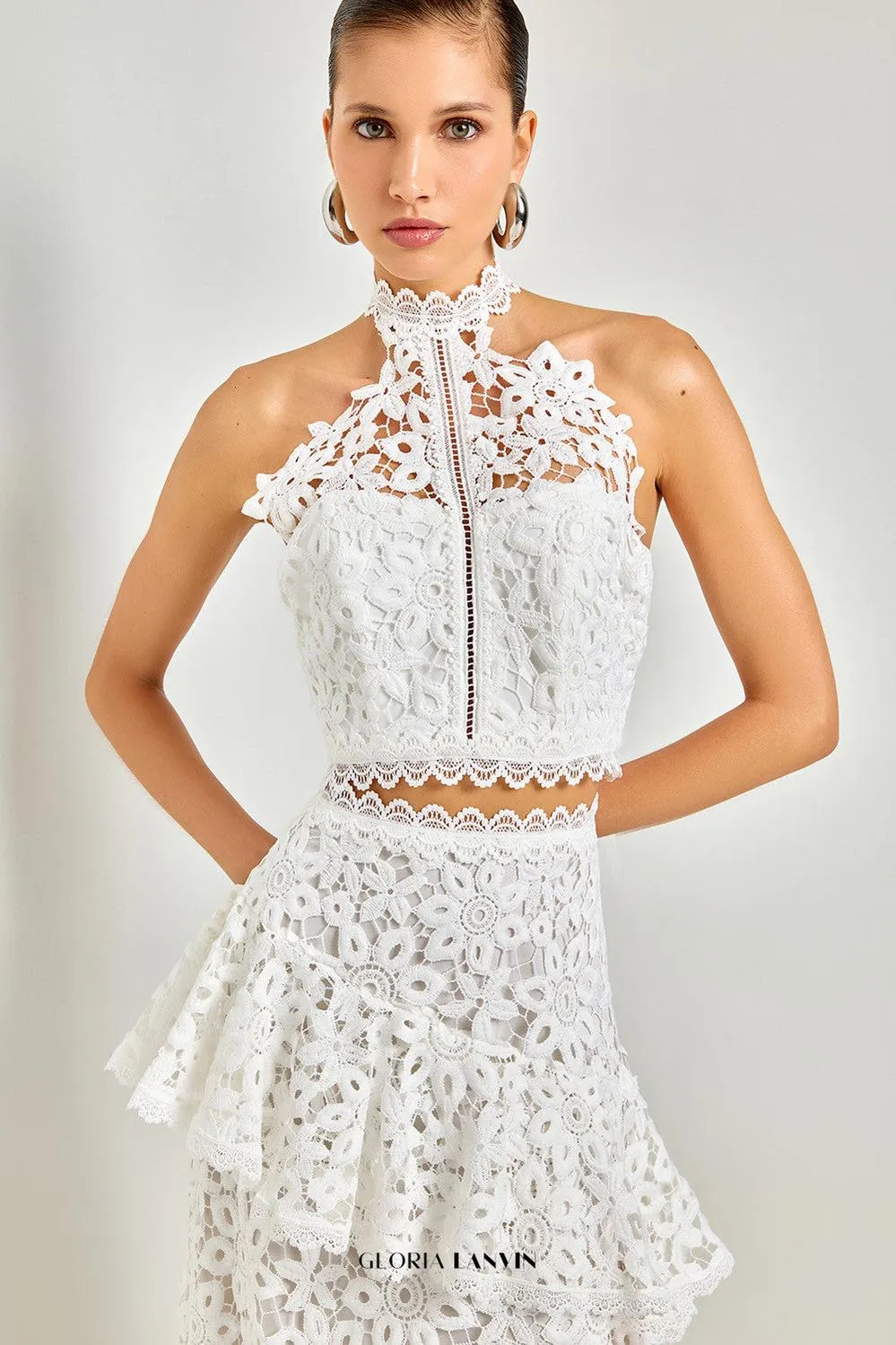 Lace sleeveless top irregular skirt set in white Gloria Lanvin