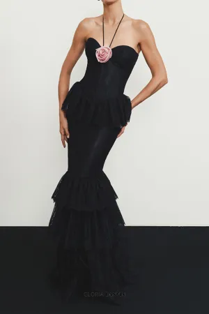 Lace Tiered flower Strapless Maxi Dress in black Gloria Lanvin