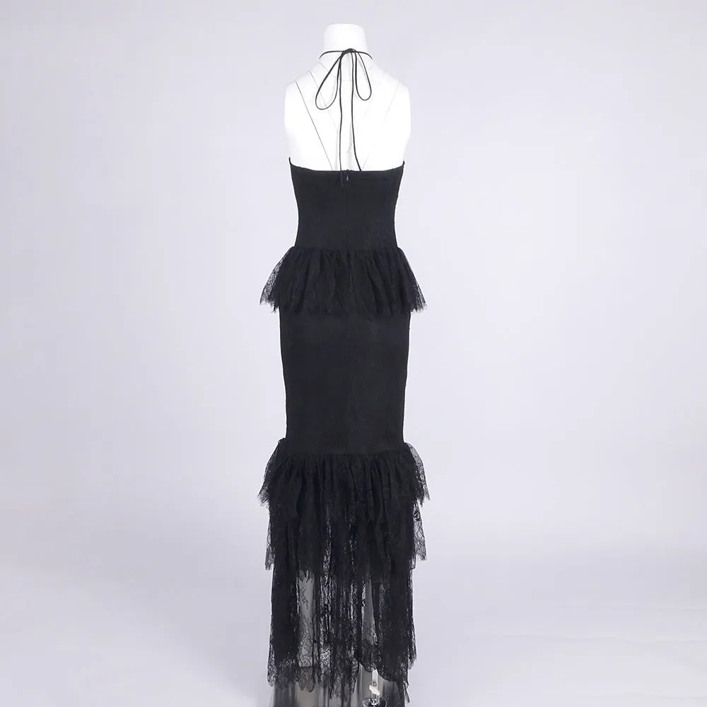 Lace Tiered flower Strapless Maxi Dress in black Gloria Lanvin