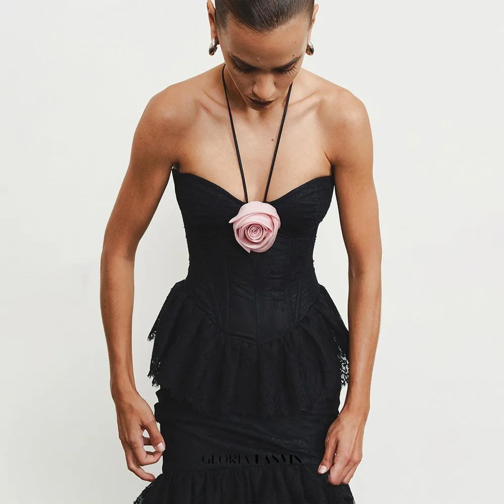 Lace Tiered flower Strapless Maxi Dress in black Gloria Lanvin