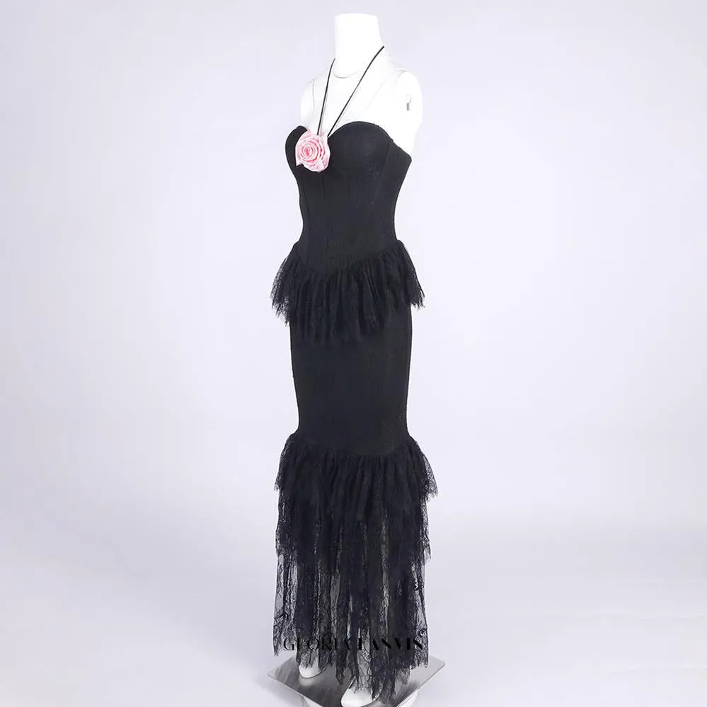 Lace Tiered flower Strapless Maxi Dress in black Gloria Lanvin