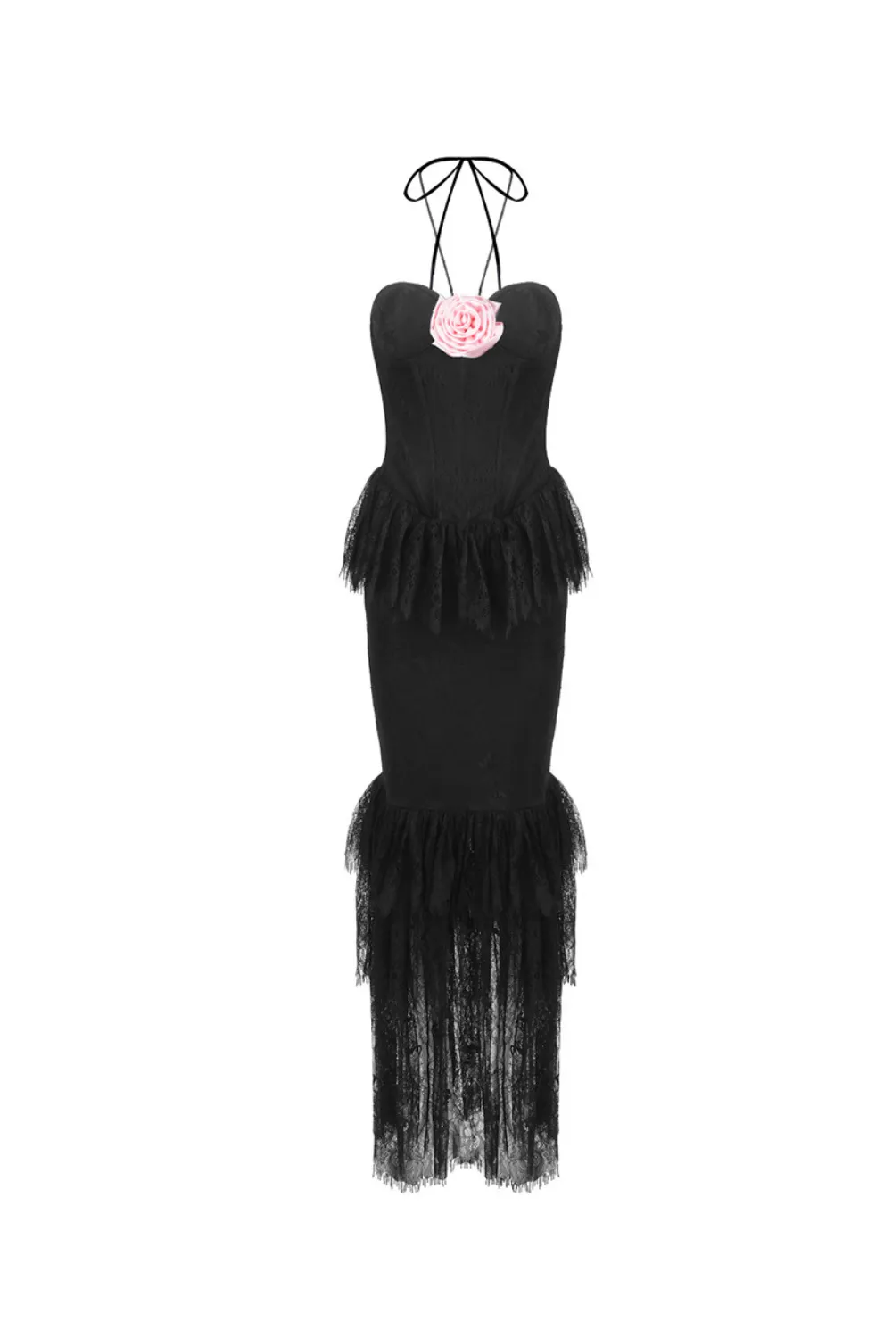 Lace Tiered flower Strapless Maxi Dress in black Gloria Lanvin
