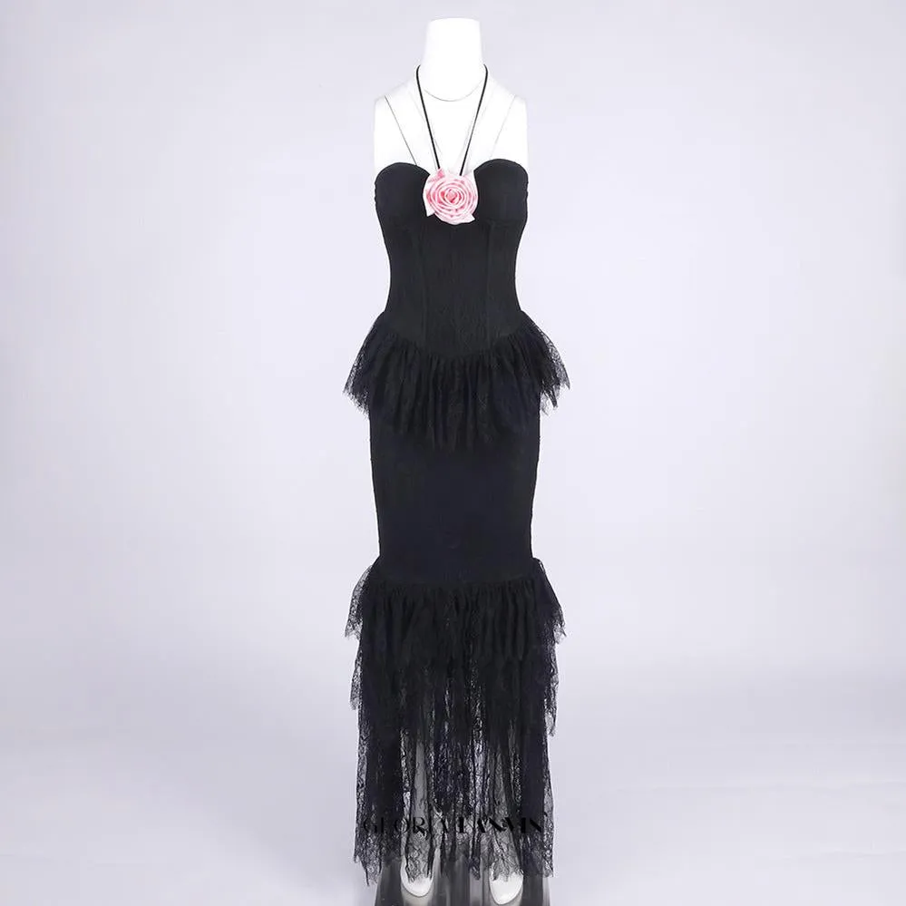 Lace Tiered flower Strapless Maxi Dress in black Gloria Lanvin