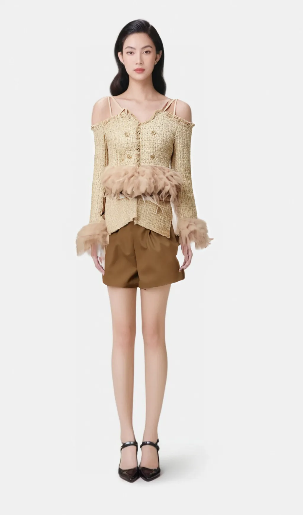 Laetiecia off-shoulder feather-trim tweed top Gloria Lanvin