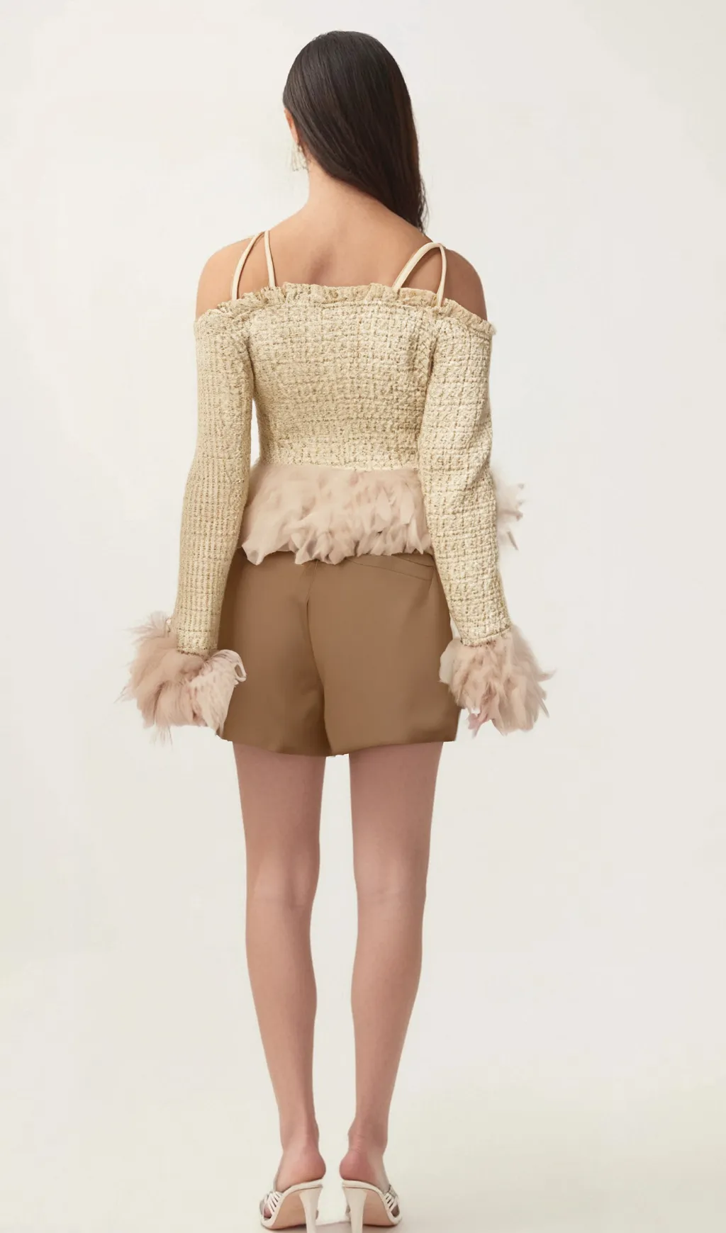 Laetiecia off-shoulder feather-trim tweed top Gloria Lanvin