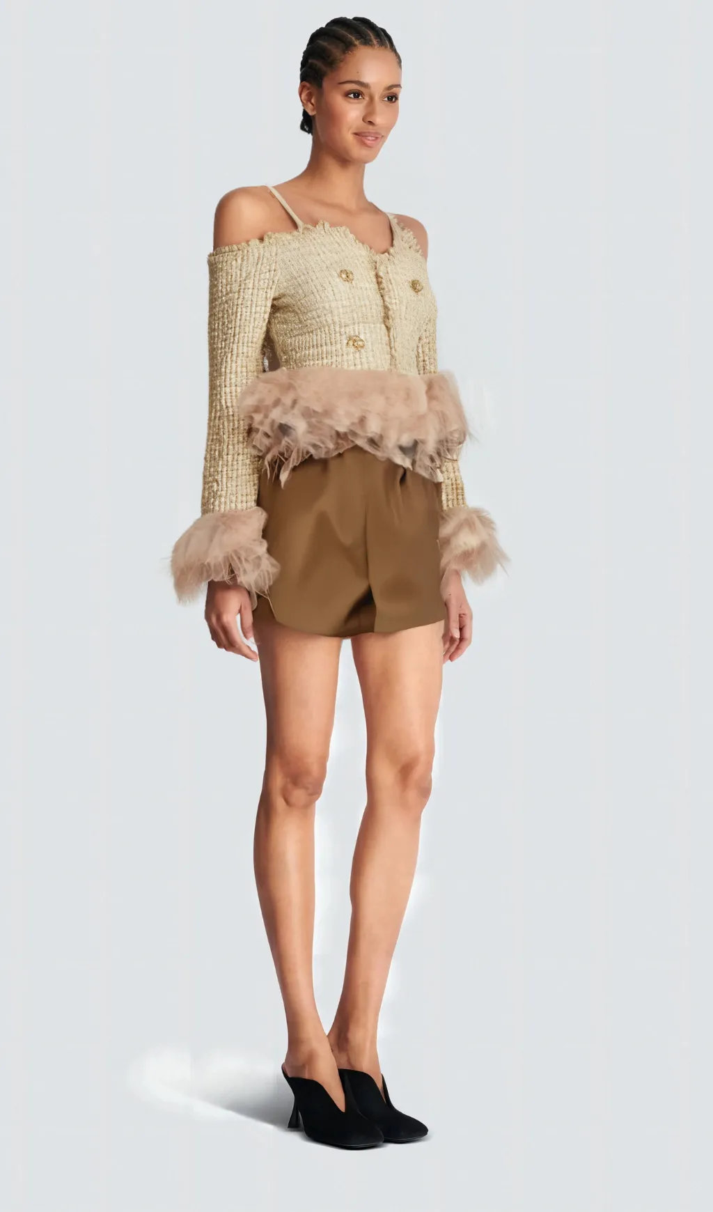 Laetiecia off-shoulder feather-trim tweed top Gloria Lanvin
