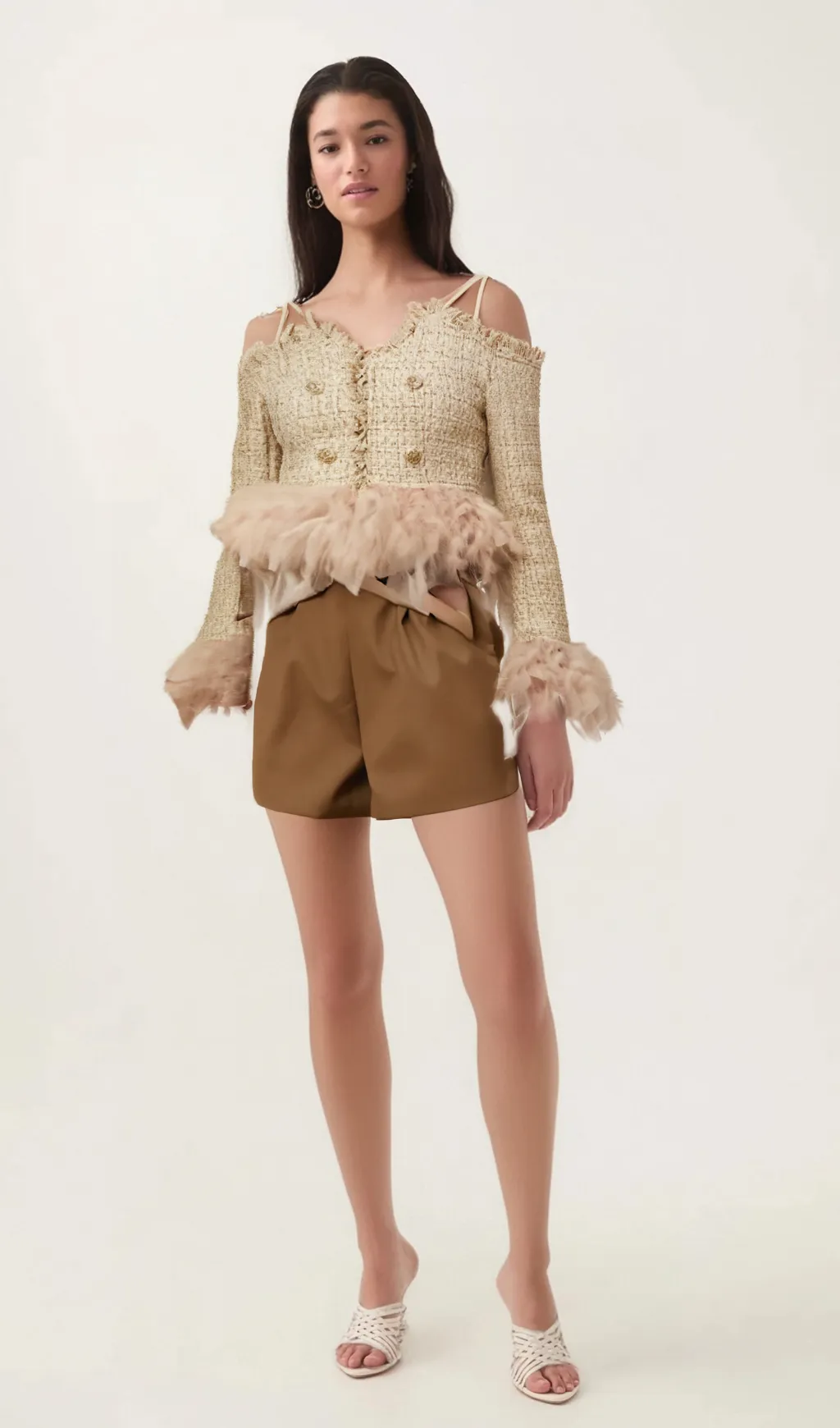Laetiecia off-shoulder feather-trim tweed top Gloria Lanvin