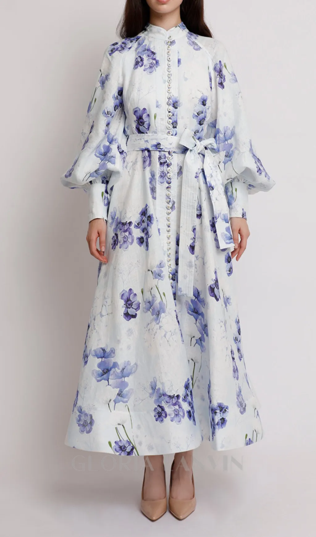 lantern sleeve floral print maxi dress in blue Gloria Lanvin