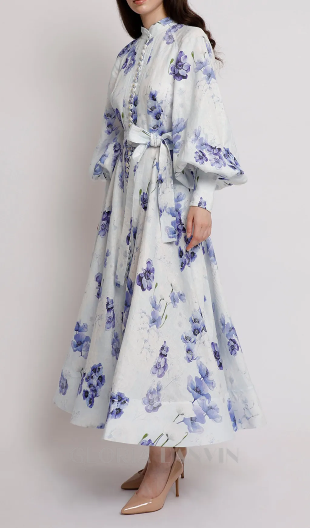 lantern sleeve floral print maxi dress in blue Gloria Lanvin
