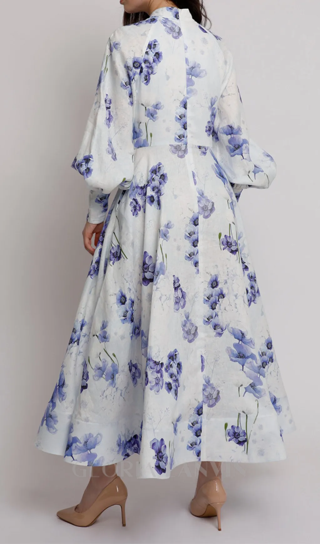 lantern sleeve floral print maxi dress in blue Gloria Lanvin