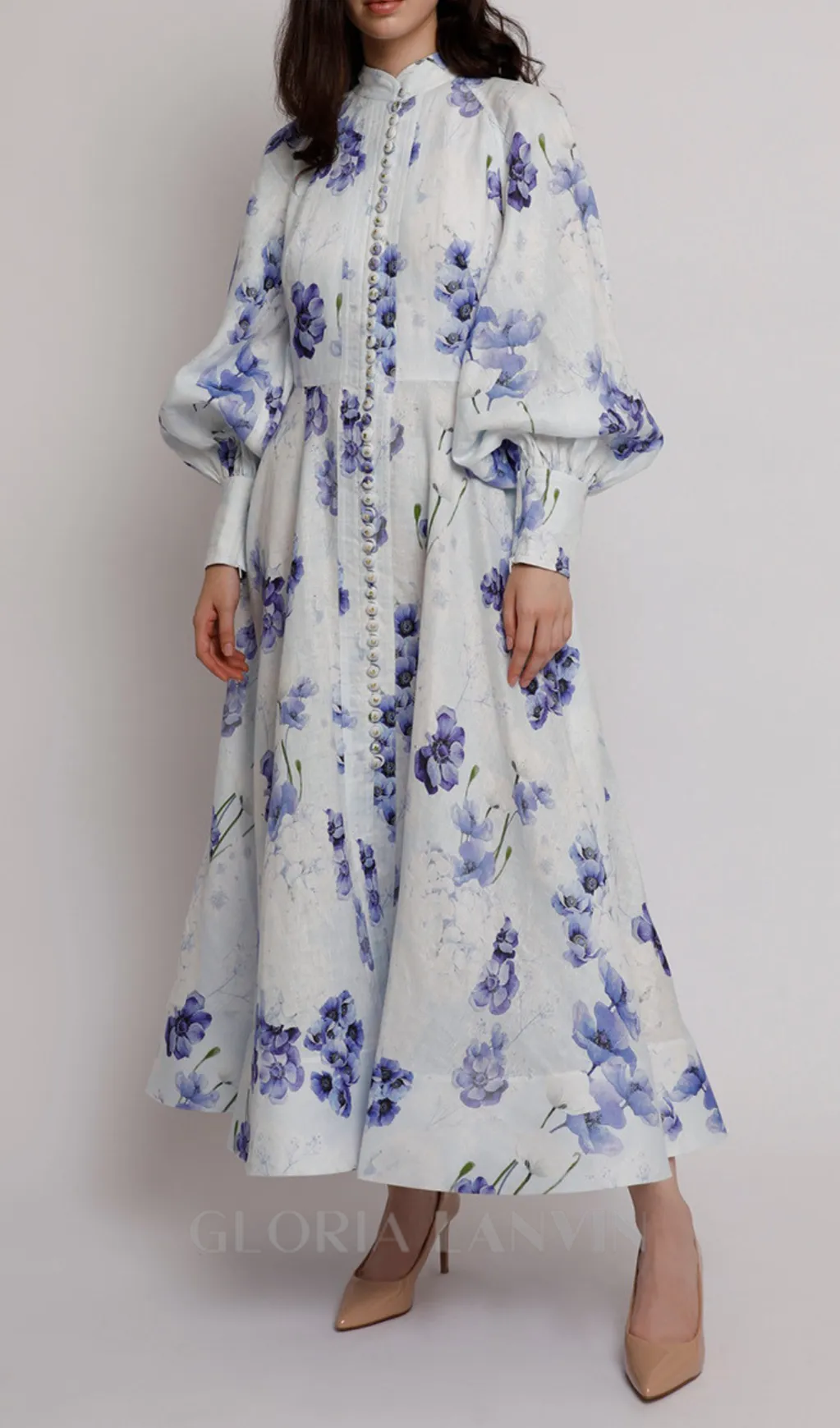 lantern sleeve floral print maxi dress in blue Gloria Lanvin