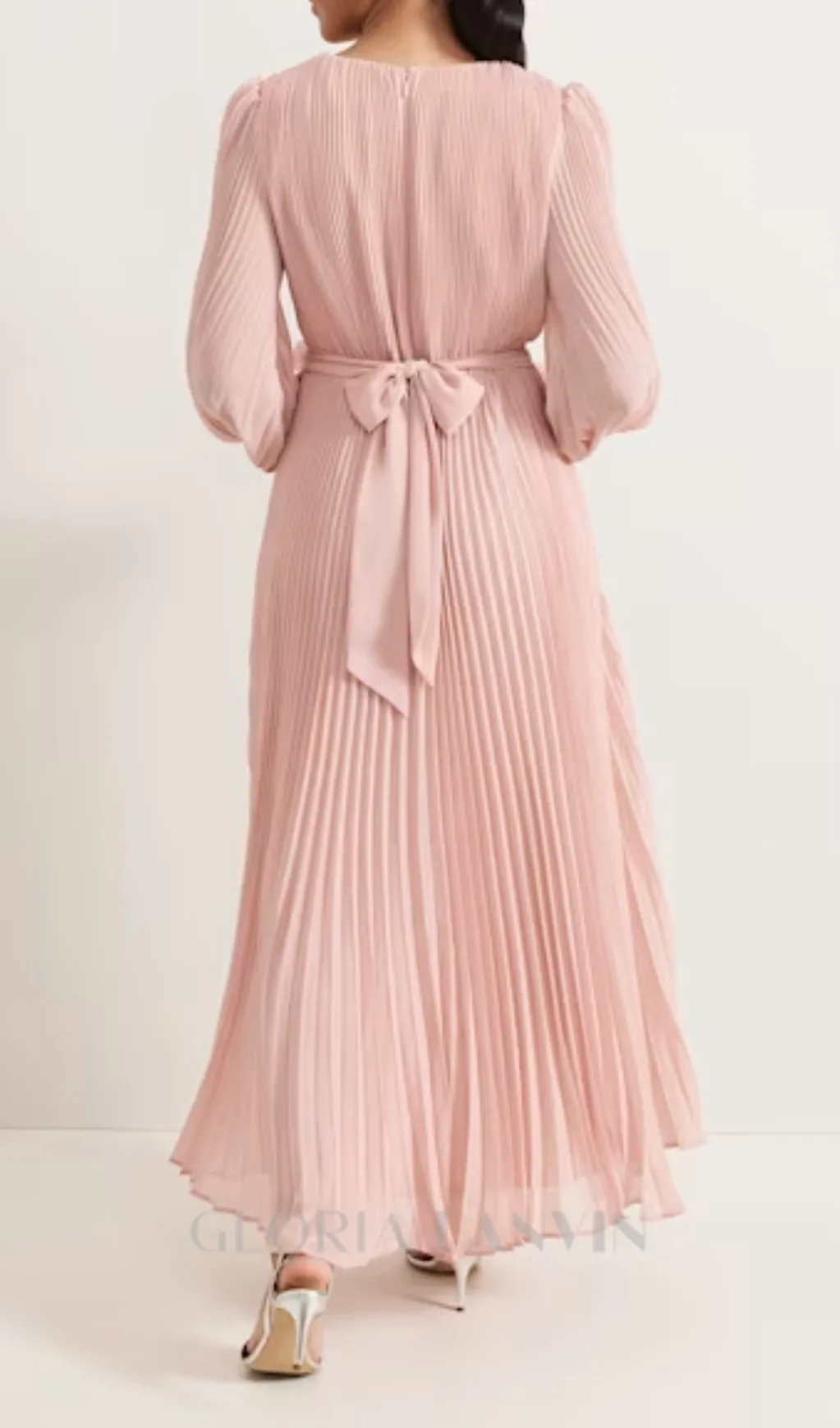 lantern sleeve pleated maxi dress in pale pink Gloria Lanvin