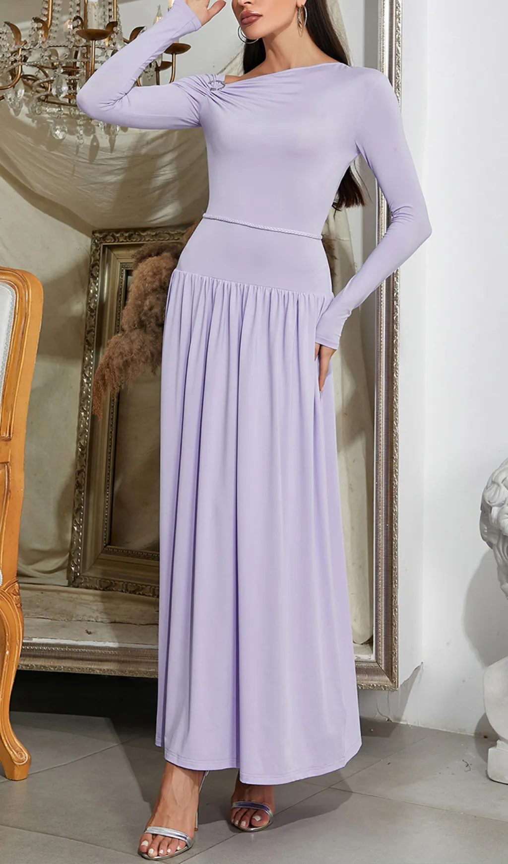 LAVENDER OFF-SHOULDER LONG-SLEEVED PLEATED MAXI DRESS Gloria Lanvin