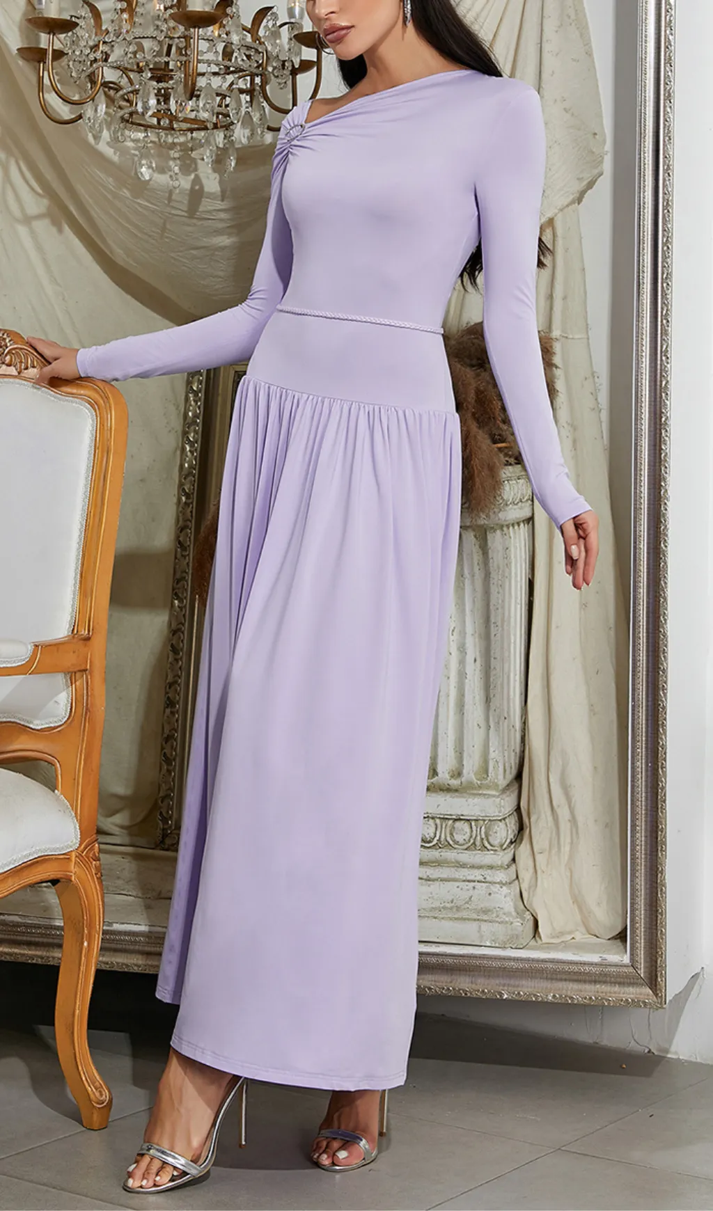 LAVENDER OFF-SHOULDER LONG-SLEEVED PLEATED MAXI DRESS Gloria Lanvin