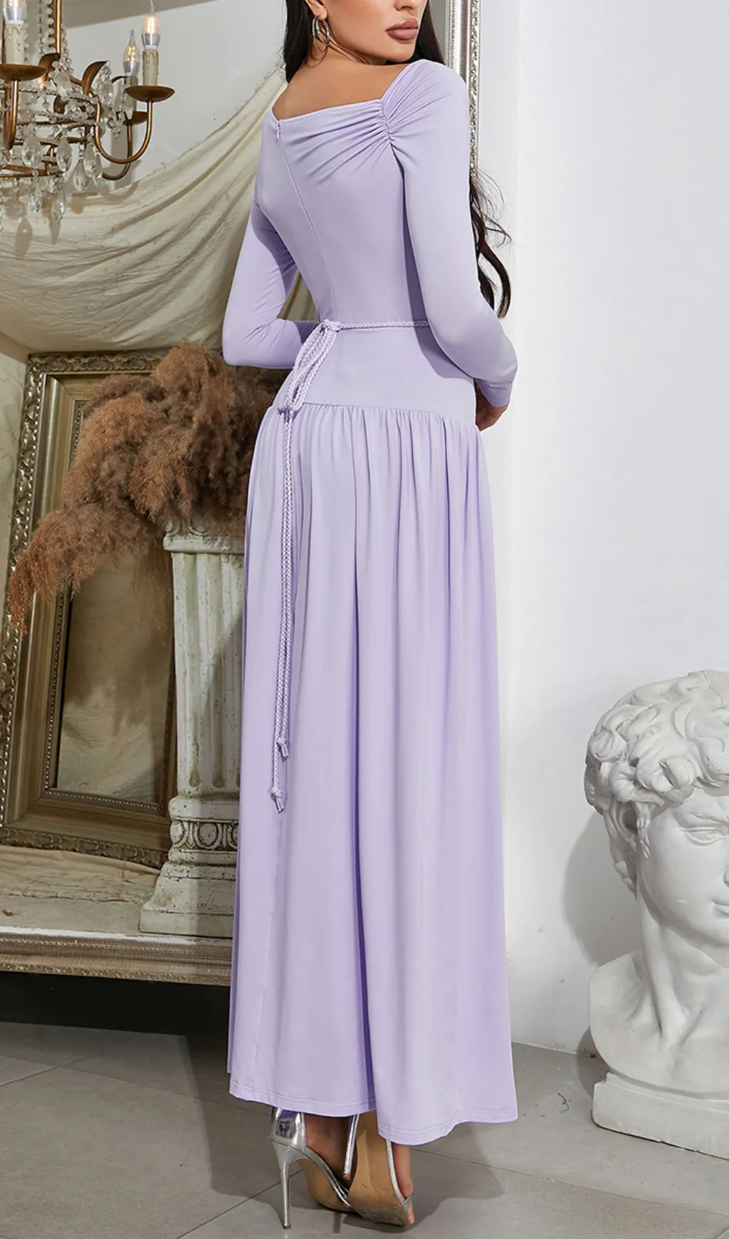 LAVENDER OFF-SHOULDER LONG-SLEEVED PLEATED MAXI DRESS Gloria Lanvin
