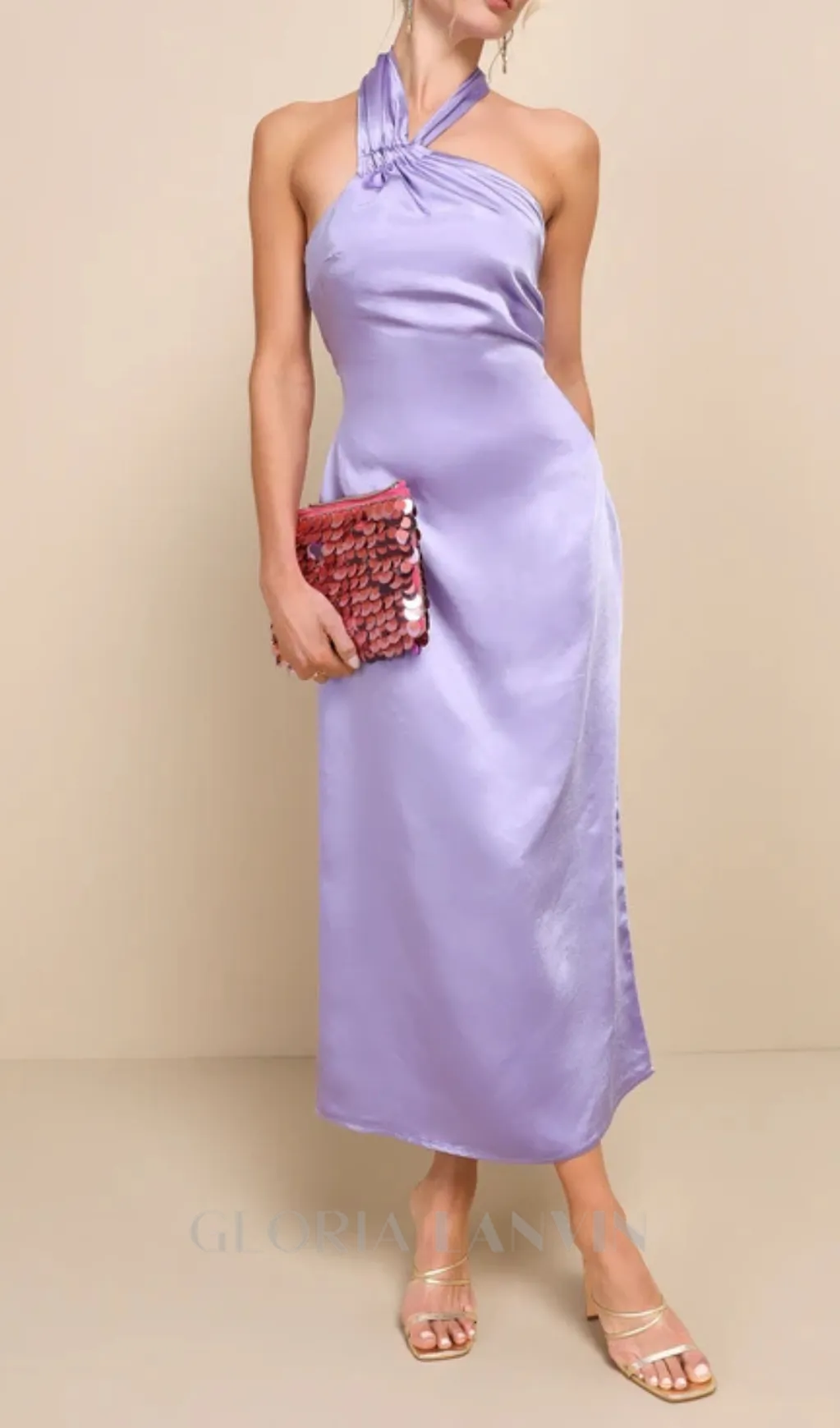 Lavender Satin Halter Slip Midi Dress Gloria Lanvin