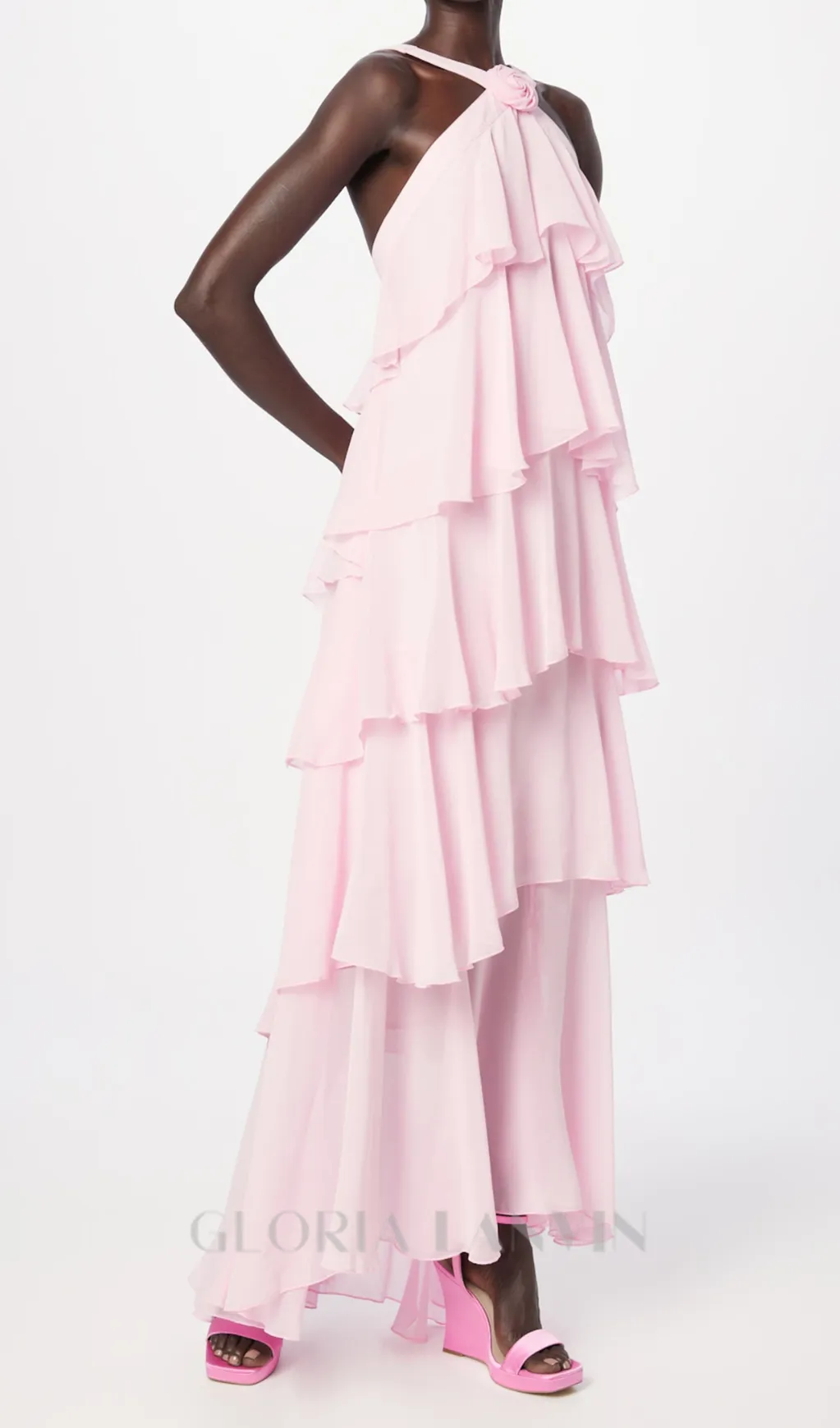 layer-embellished Neckholder maxi dress in pink Gloria Lanvin