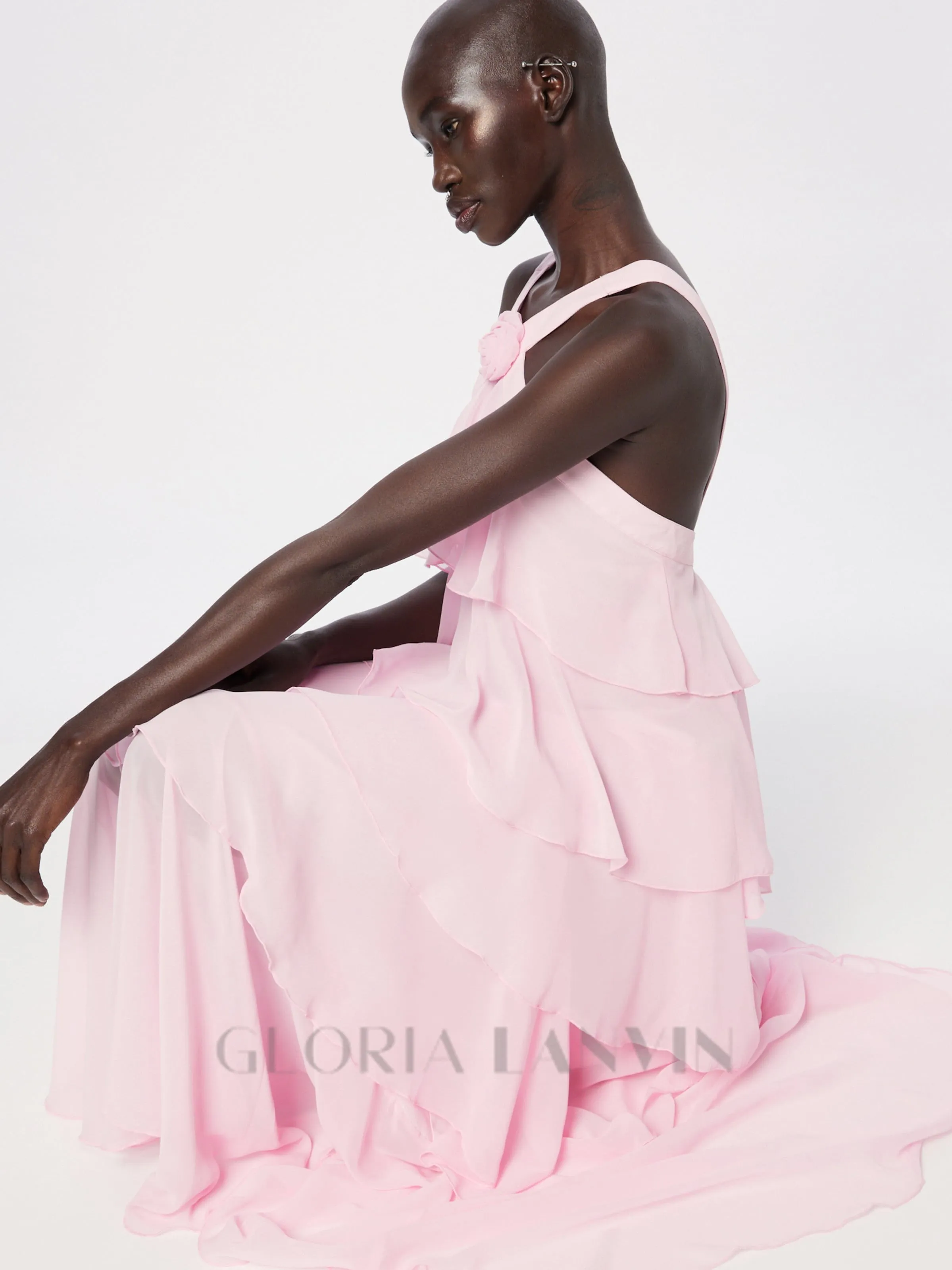 layer-embellished Neckholder maxi dress in pink Gloria Lanvin