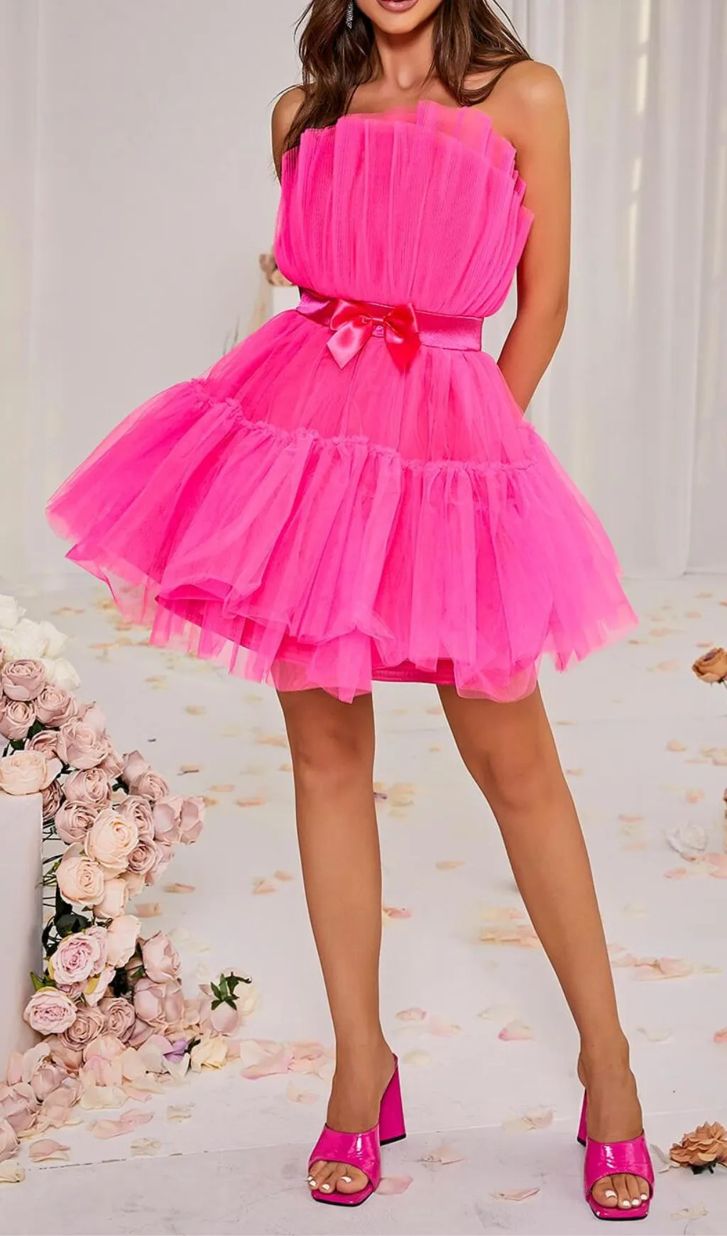 LAYERED STRAPLESS MINI DRESS IN HOT PINK Gloria Lanvin