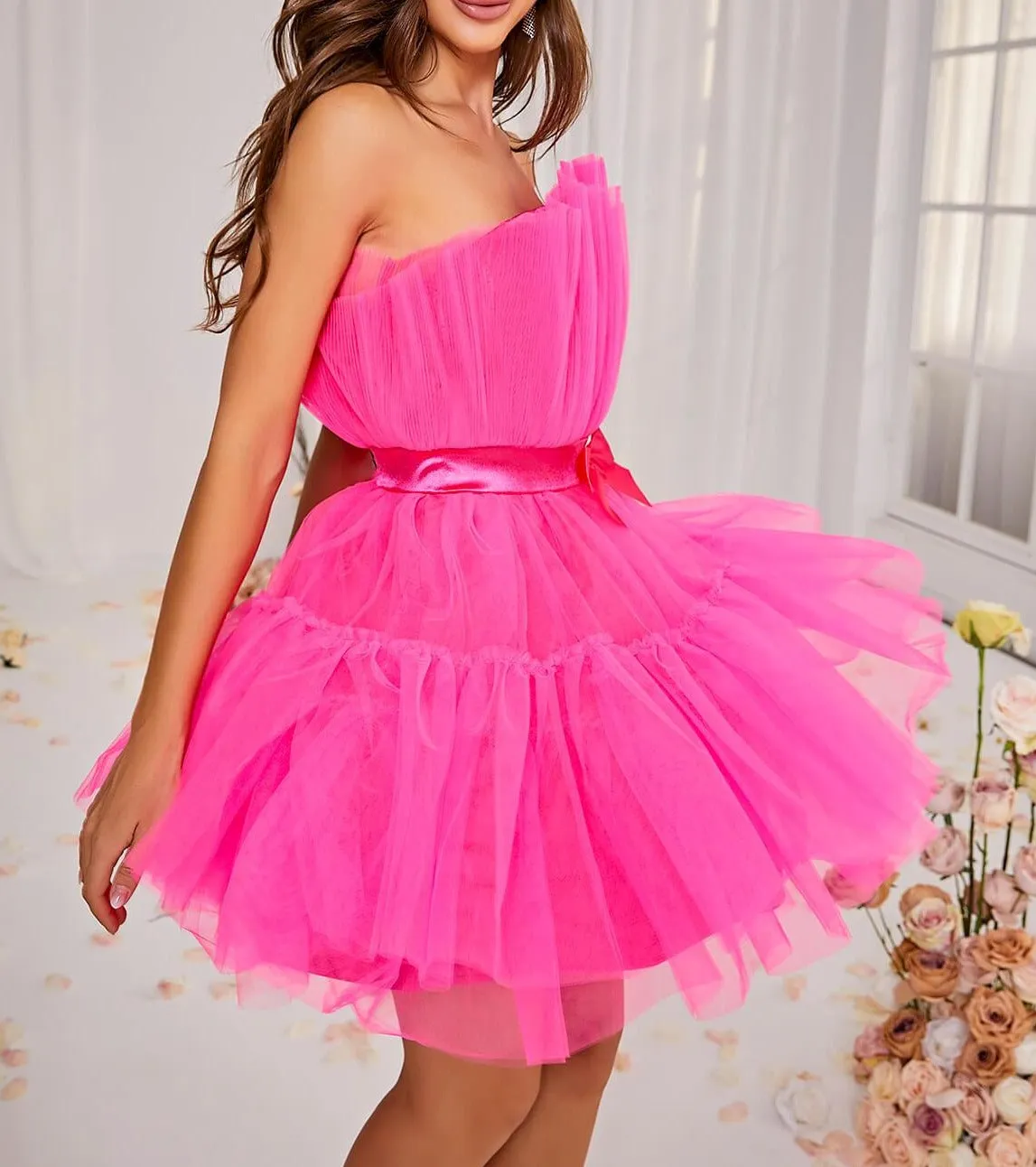 LAYERED STRAPLESS MINI DRESS IN HOT PINK Gloria Lanvin