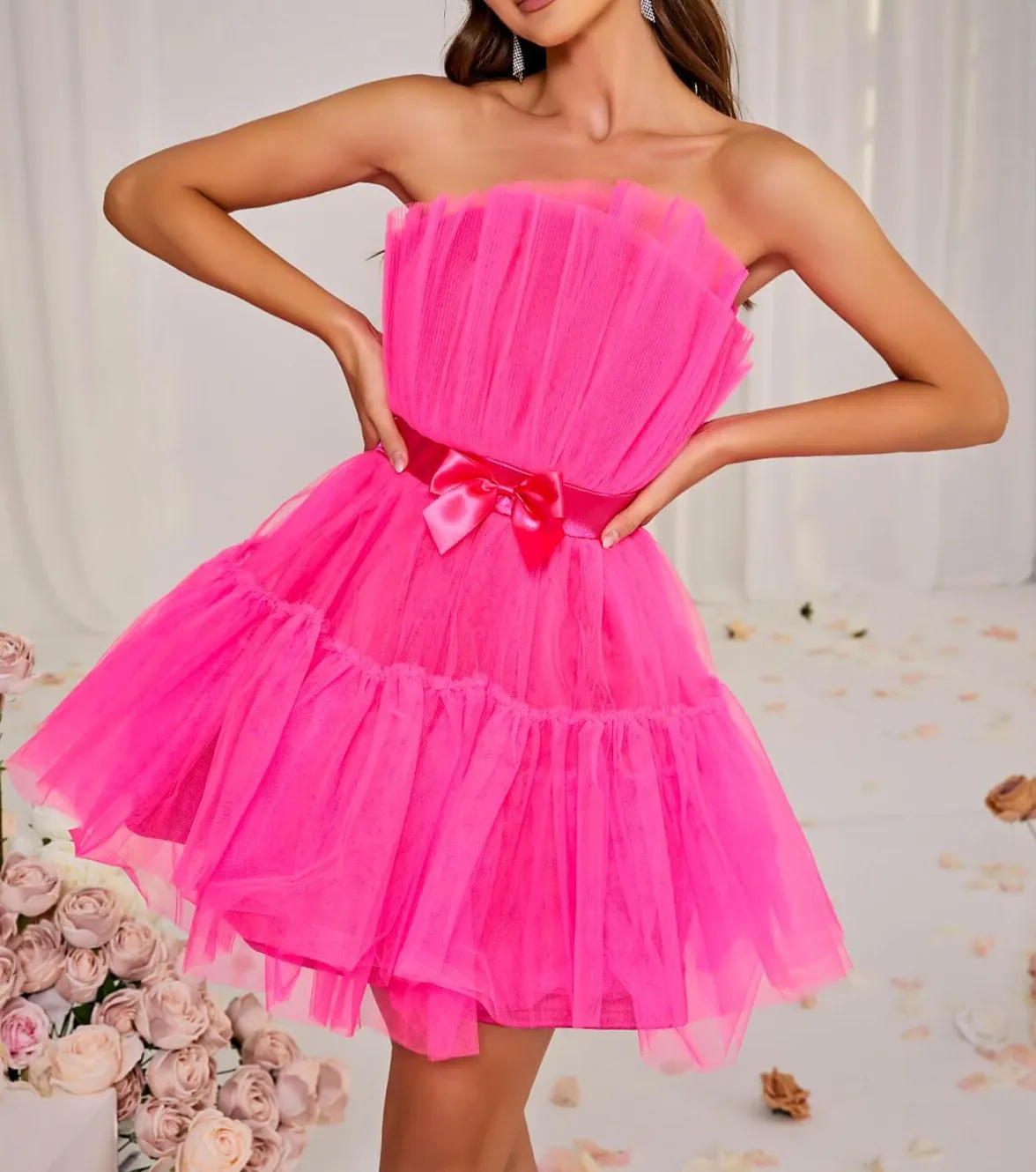 LAYERED STRAPLESS MINI DRESS IN HOT PINK Gloria Lanvin