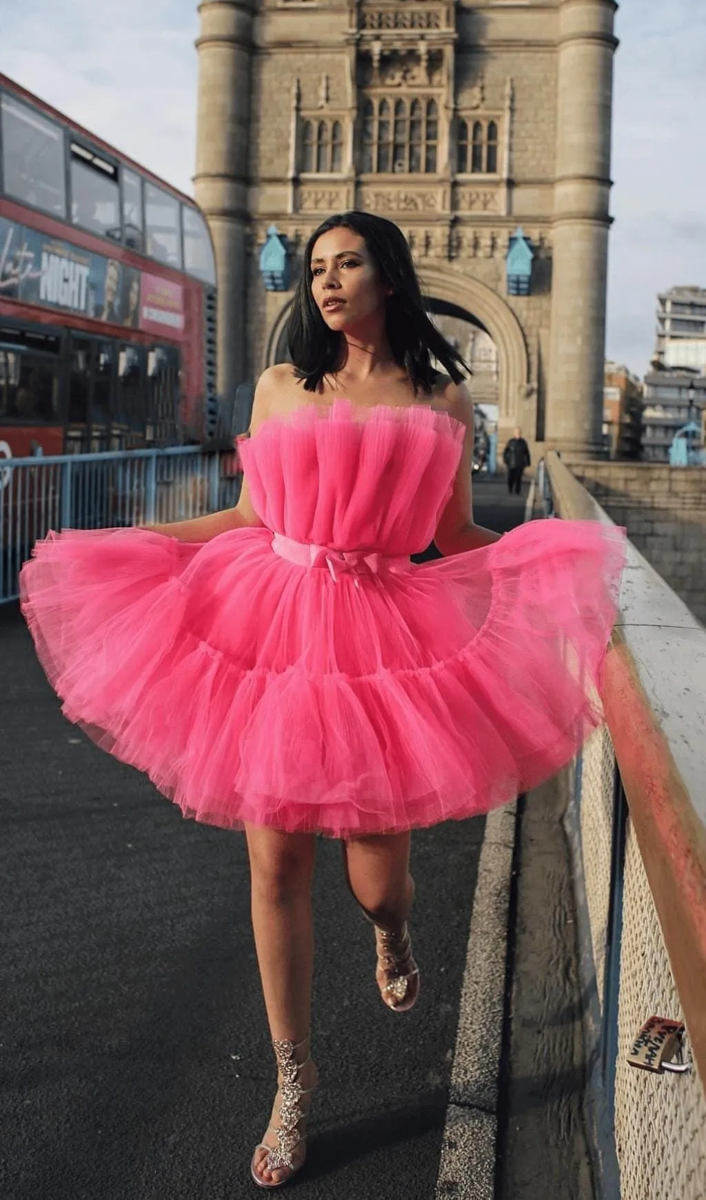 LAYERED STRAPLESS MINI DRESS IN HOT PINK Gloria Lanvin