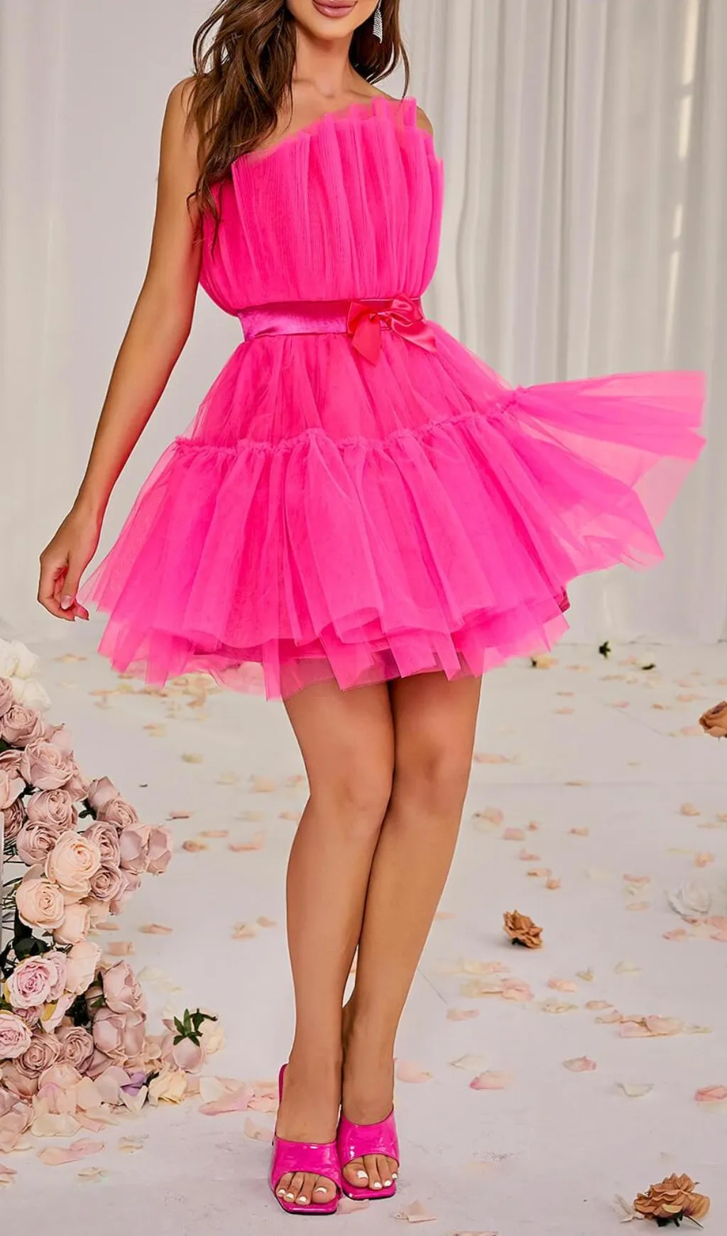 LAYERED STRAPLESS MINI DRESS IN HOT PINK Gloria Lanvin