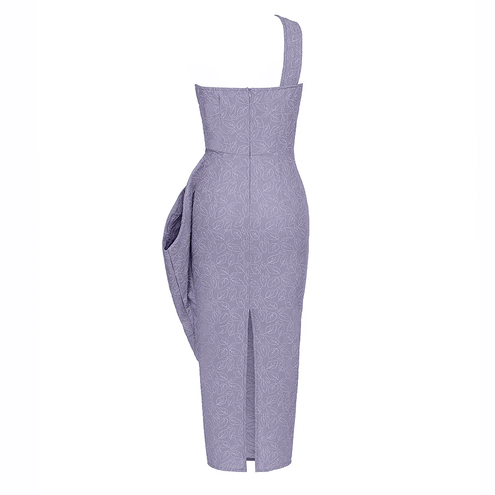 LEAF EMBROIDERY MIDI DRESS IN GREY PURPLE Gloria Lanvin