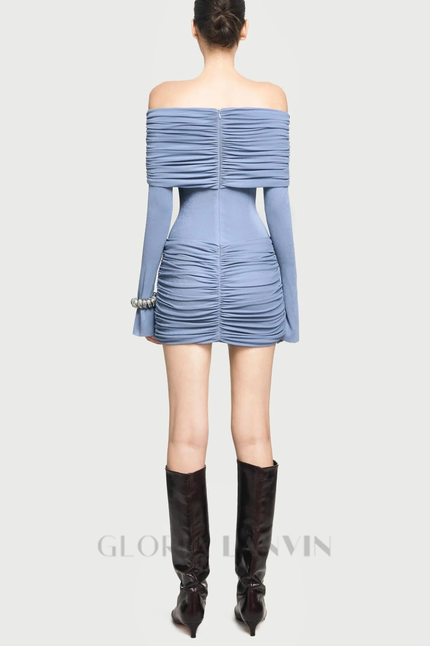 Lekeisha Off Shoulder Draped Mini Dress in Blue Gloria Lanvin