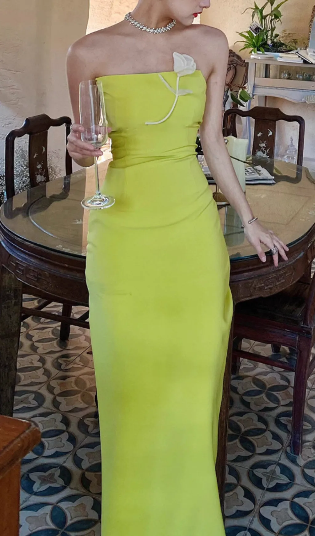 LEMON YELLOW FLOWER EMBELLISHED SLIT MAXI DRESS Gloria Lanvin