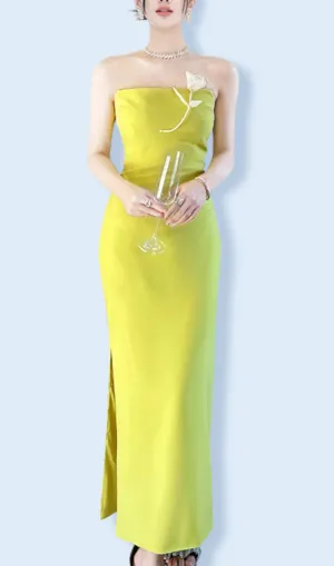 LEMON YELLOW FLOWER EMBELLISHED SLIT MAXI DRESS Gloria Lanvin