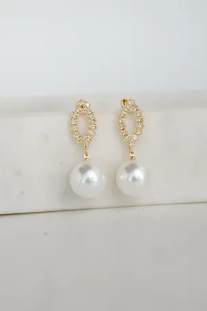 Lena White Rhinestone Pearl Drop Earrings