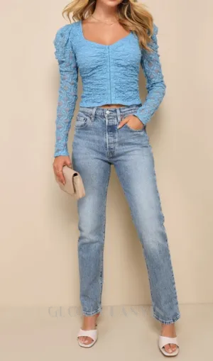 Light Blue Lace Long Sleeve Corset Crop Top Gloria Lanvin