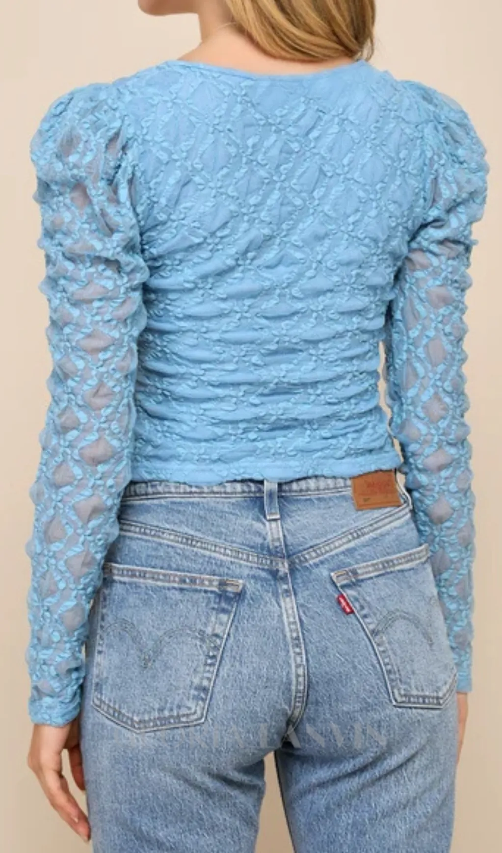 Light Blue Lace Long Sleeve Corset Crop Top Gloria Lanvin