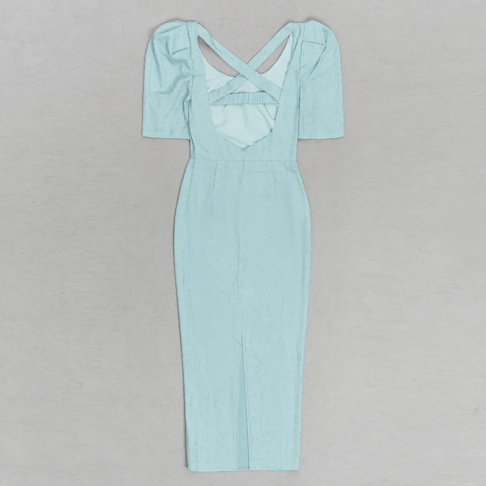 LIGHT GREEN PUFF SLEEVE SPLIT BACK BODYCON MIDI DRESS Gloria Lanvin